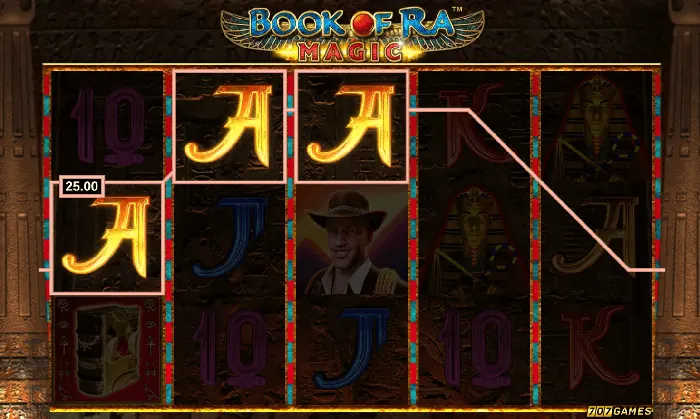 Area di gioco di Book of Ra Magic con crediti virtuali e linee di pagamento attive